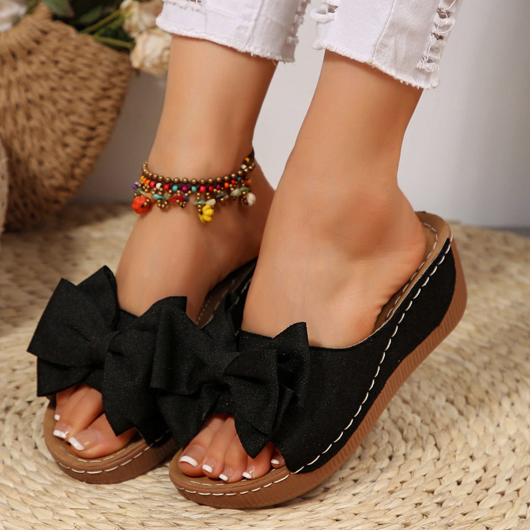 Liora Bow Flower Platform Wedge Slides