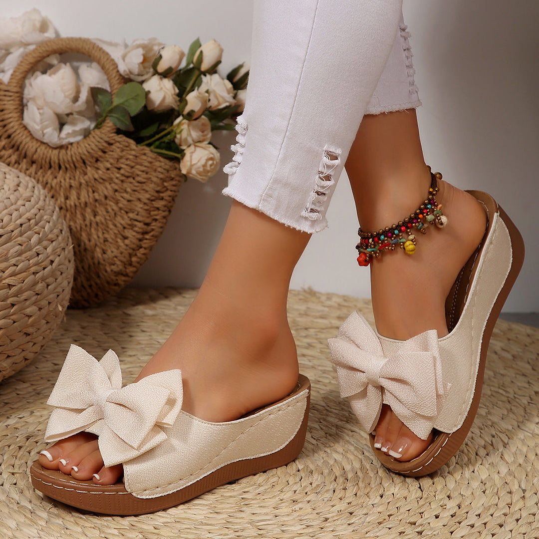 Liora Bow Flower Platform Wedge Slides