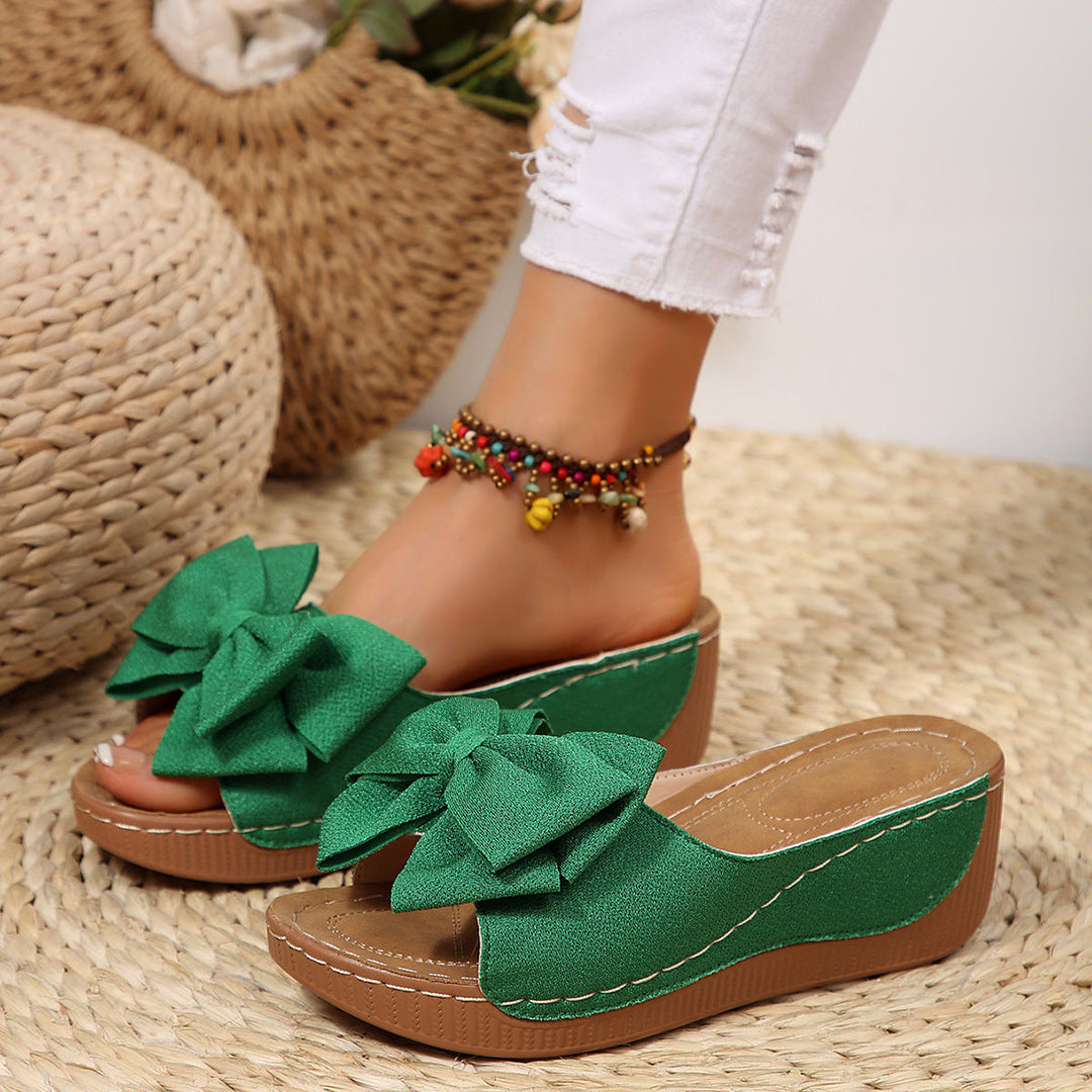 Liora Bow Flower Platform Wedge Slides