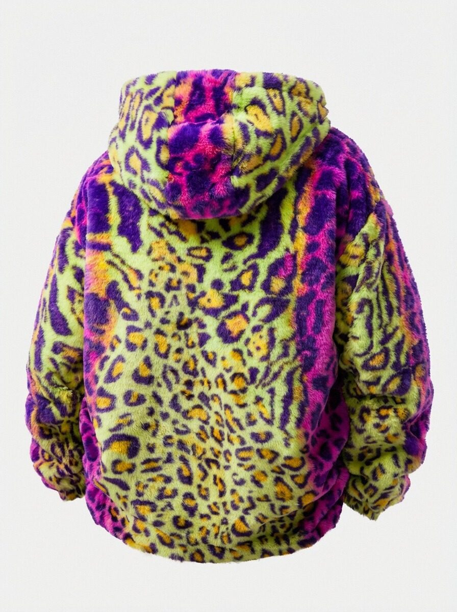 Faux Fur Colorful Leopard Zip Up Hooded Coat