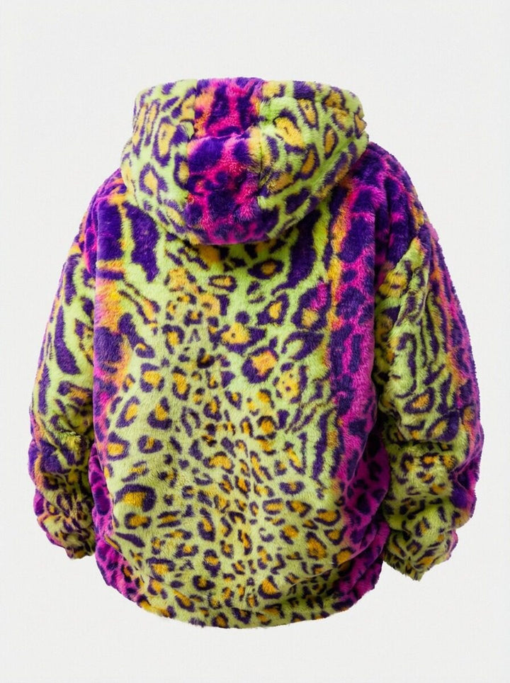 Faux Fur Colorful Leopard Zip Up Hooded Coat