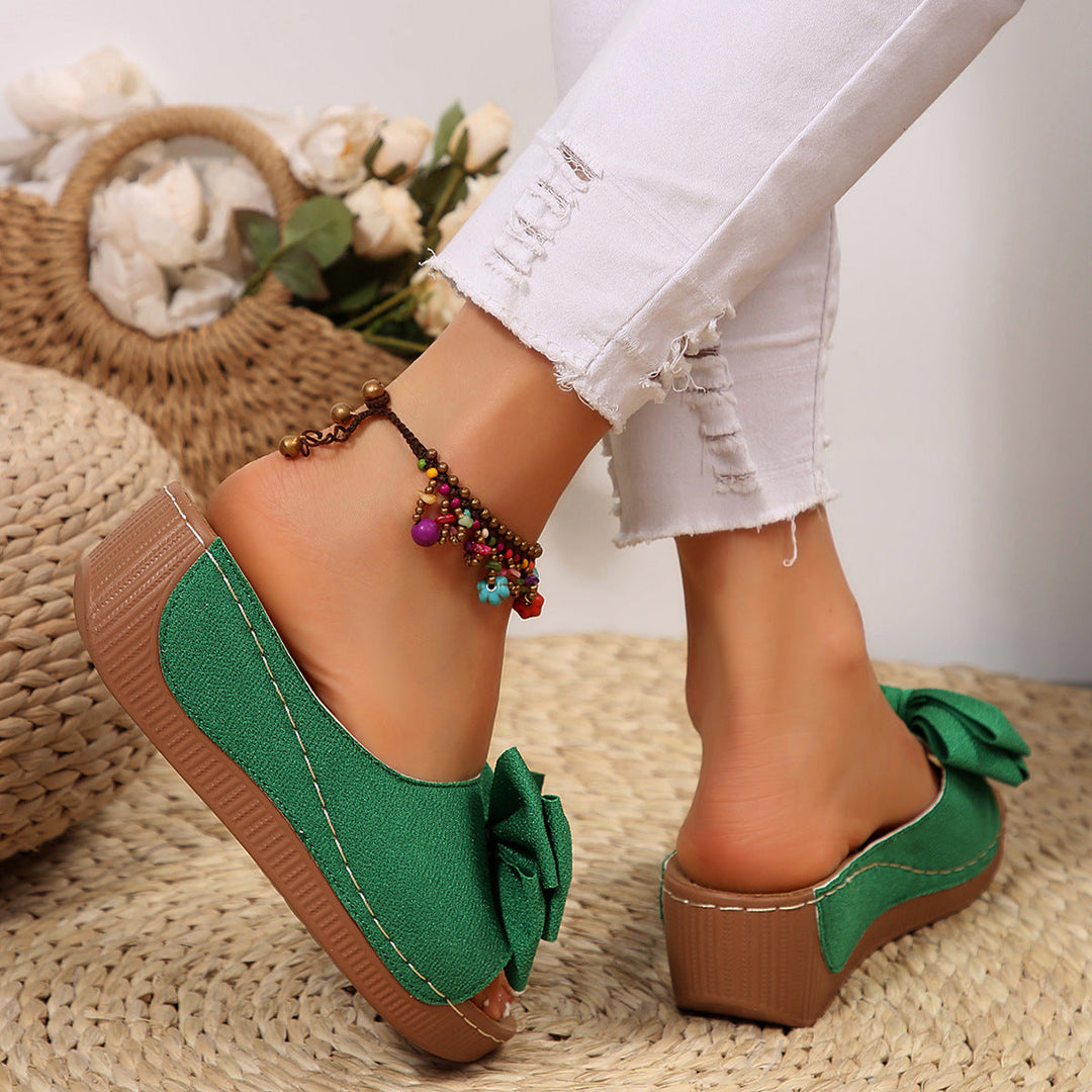 Liora Bow Flower Platform Wedge Slides