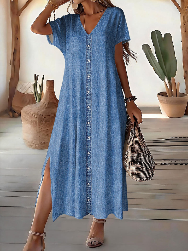 Hélène™ | Retro Denim Maxi Dress