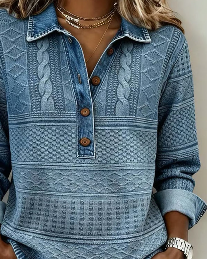 Hazel | Denim-Inspired Half-Button Knit Top
