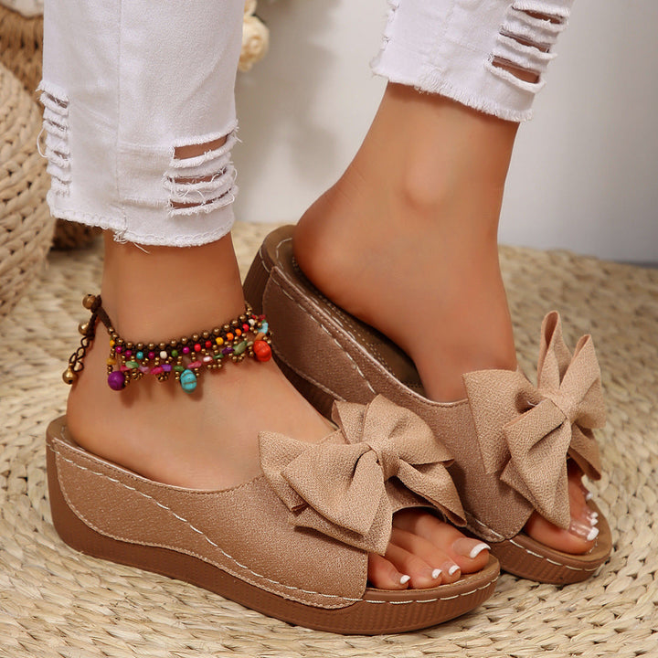 Liora Bow Flower Platform Wedge Slides
