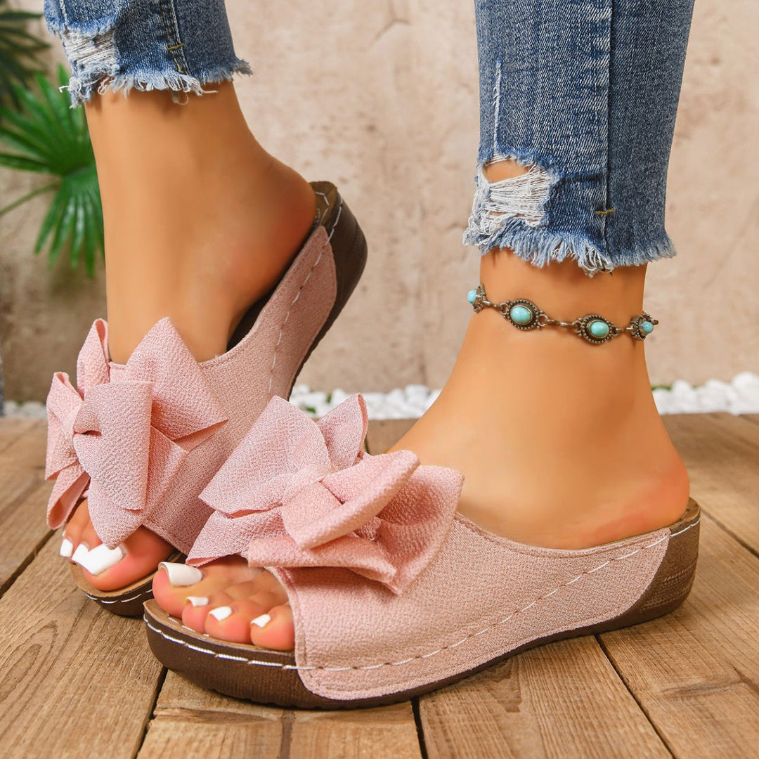 Liora Bow Flower Platform Wedge Slides