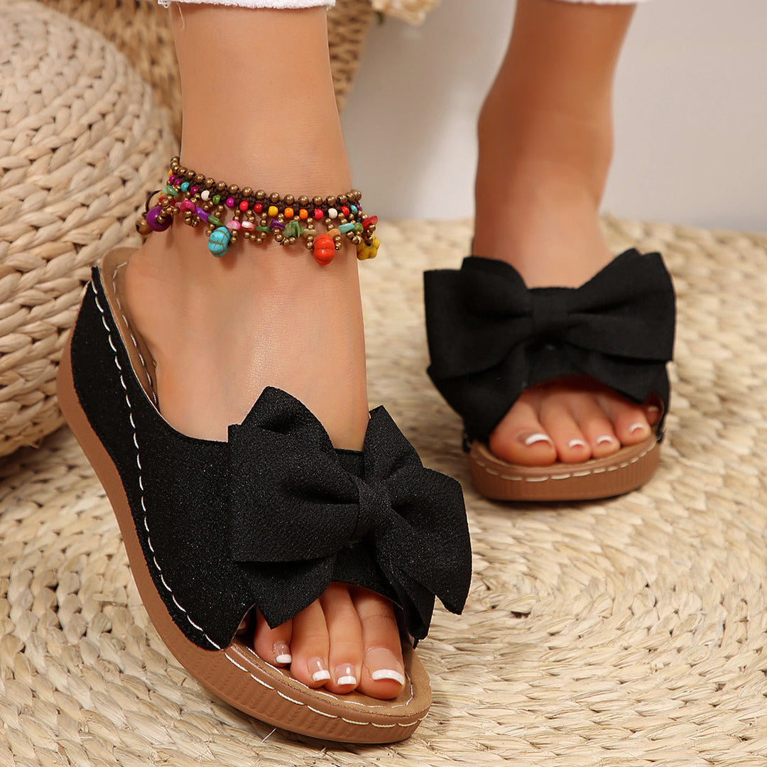 Liora Bow Flower Platform Wedge Slides