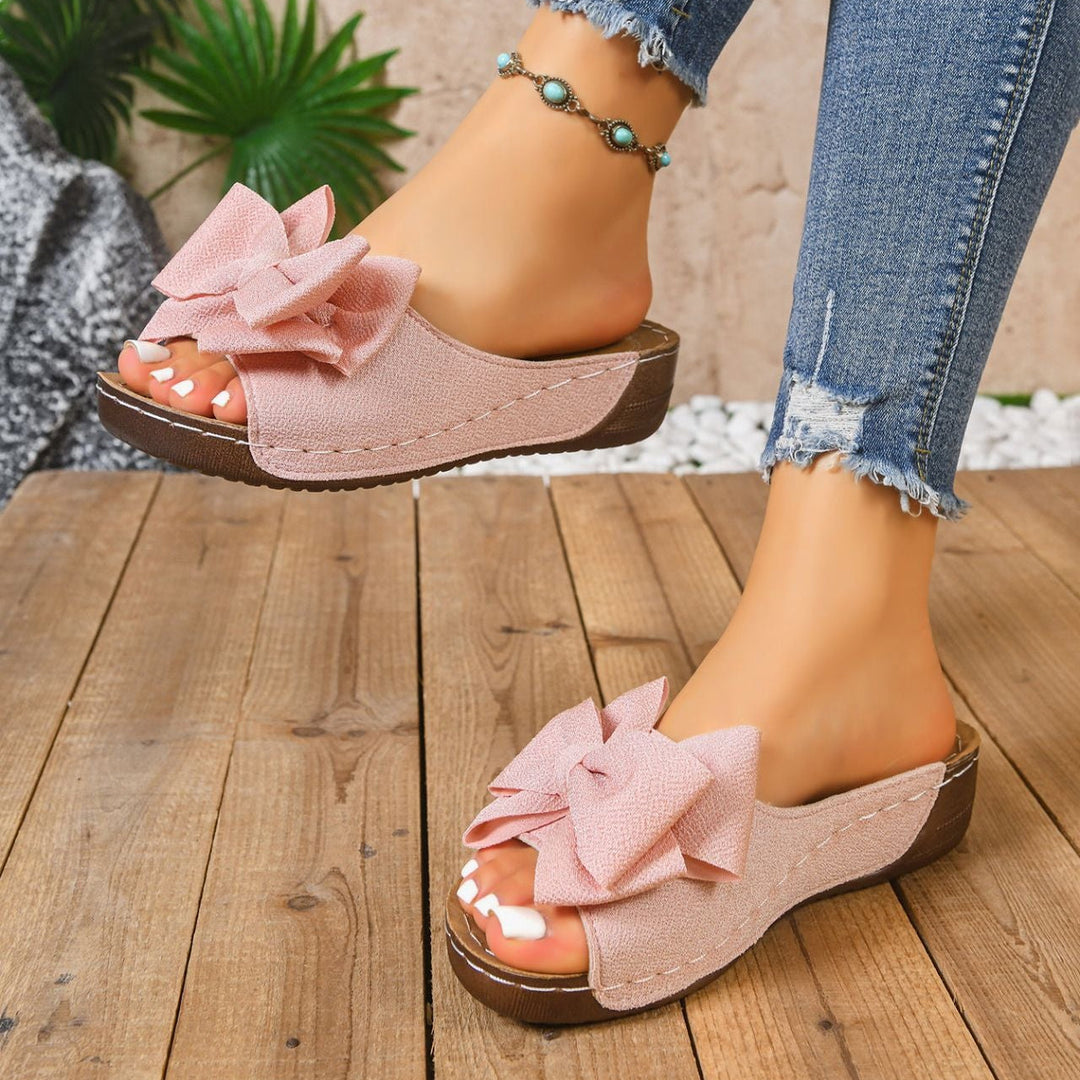 Liora Bow Flower Platform Wedge Slides