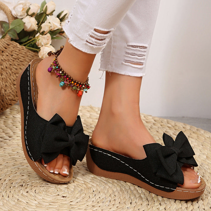 Liora Bow Flower Platform Wedge Slides