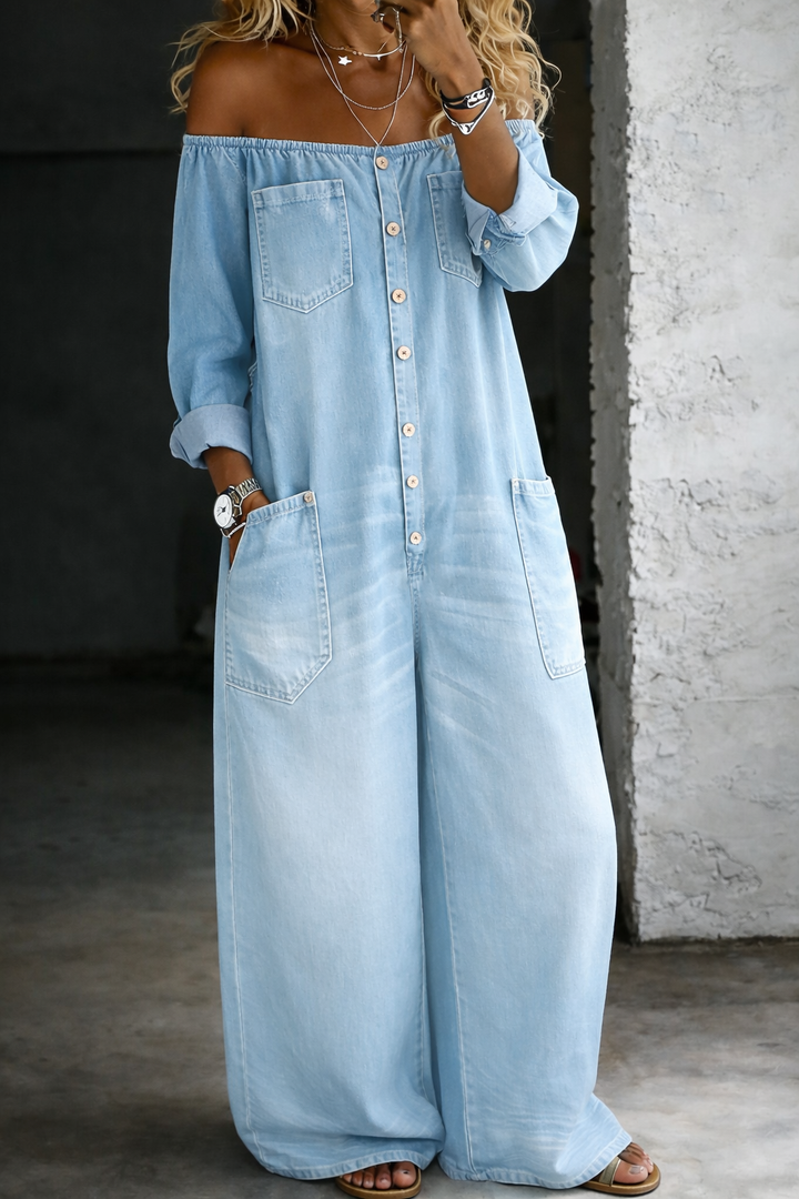 Elena™ | Off-Shoulder Denim Jumpsuit