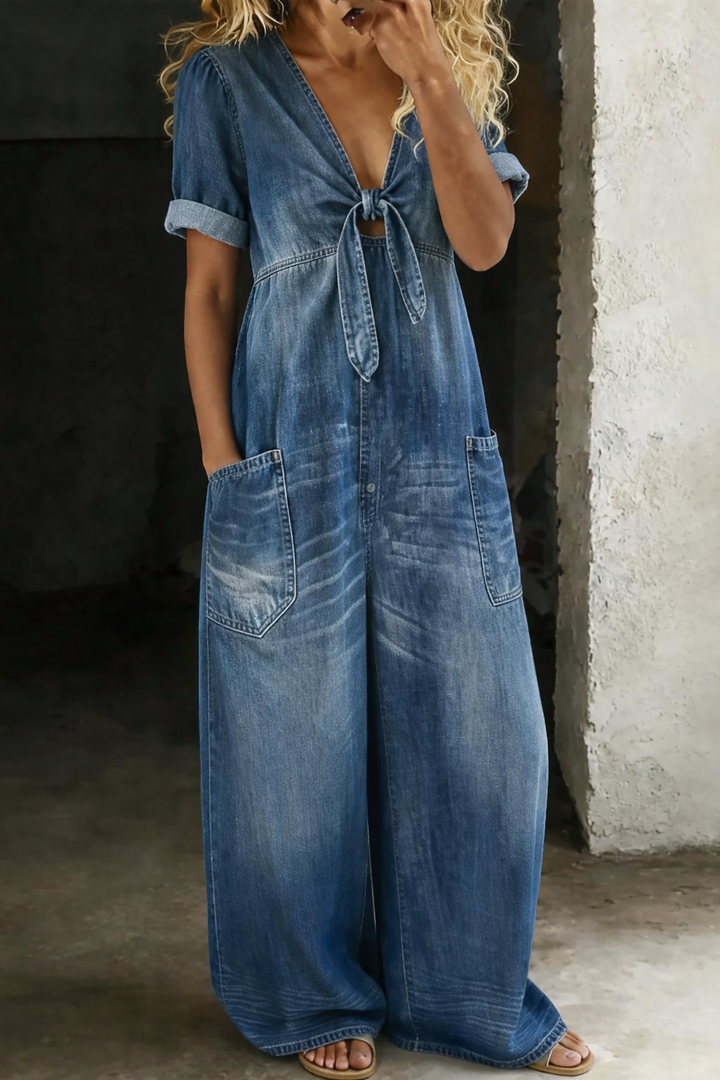 Maya™ | V-Neck Wide-Leg Denim Jumpsuit