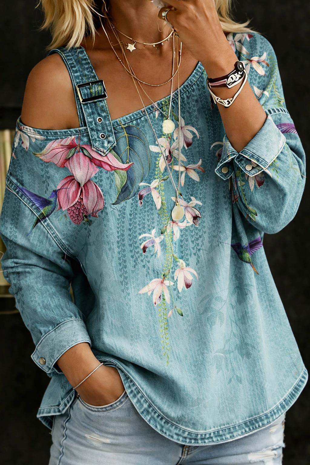Danielle™ | Off-Shoulder Floral Denim Top