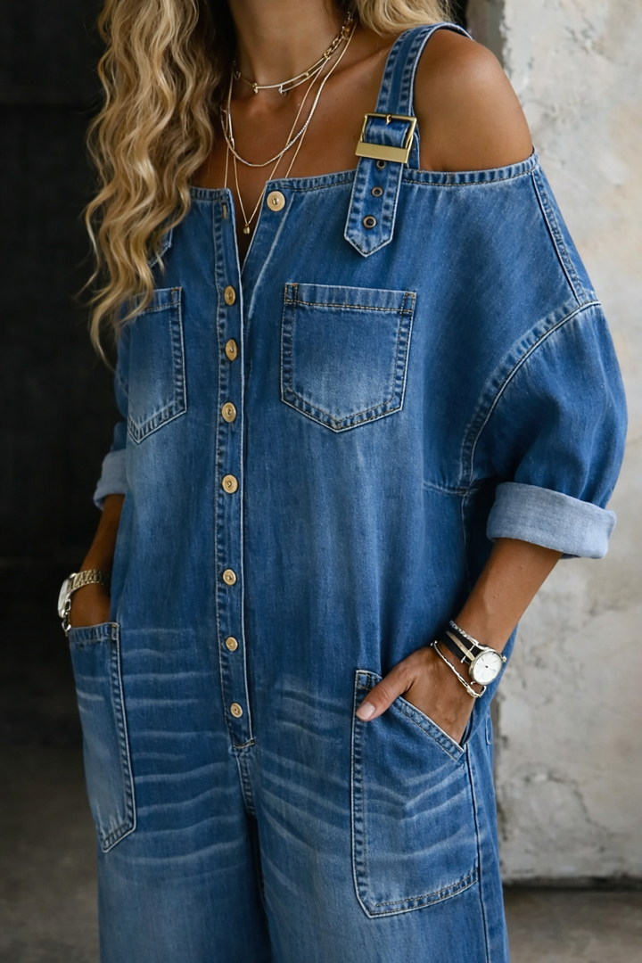 Sophia™ | Off-Shoulder Wide-Leg Denim Jumpsuit