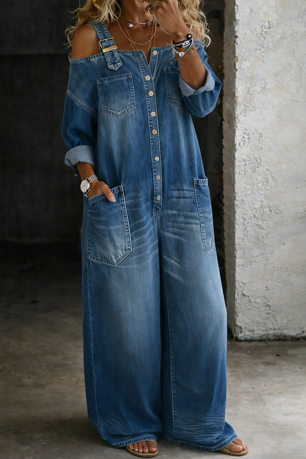 Stephanie™ | Off-Shoulder Wide-Leg Denim Jumpsuit