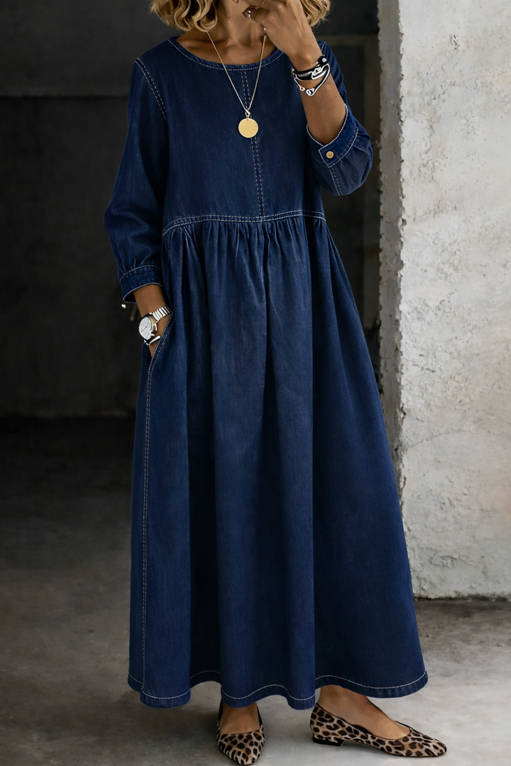 Melissa™ | Long-Sleeve Round Neck Denim Dress