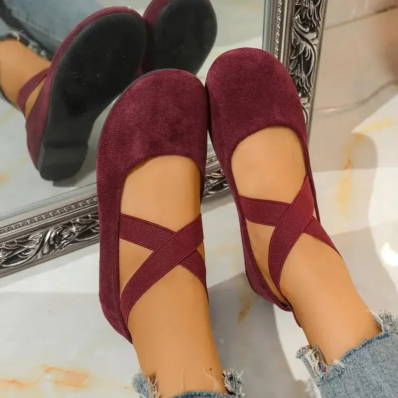 Amelie | Red Velvet Cross-Strap Ballet Flats