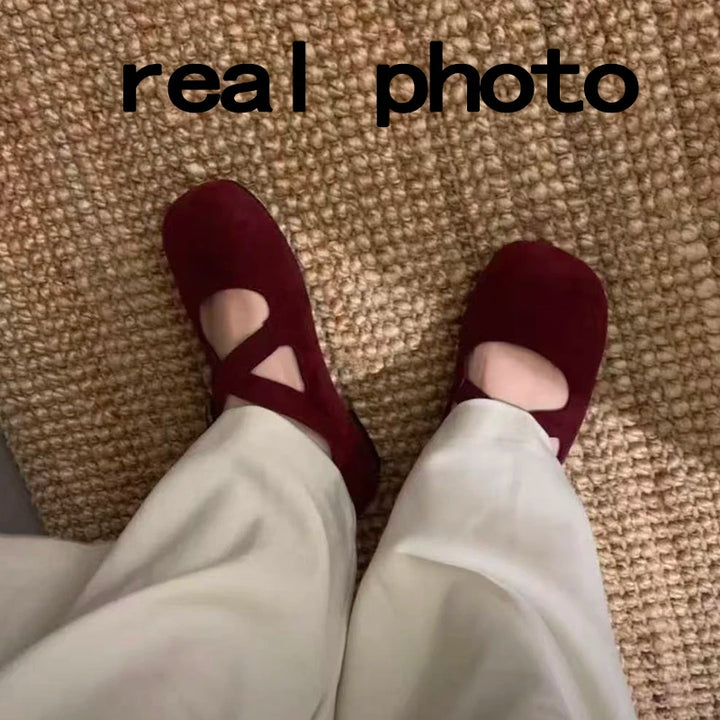 Amelie | Red Velvet Cross-Strap Ballet Flats