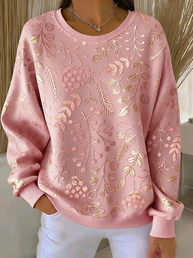 Women's casual retro pink floral sweatshirt