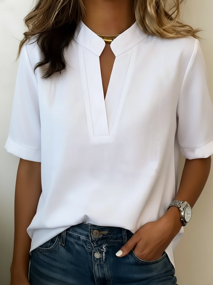 Split-Neck Elegant Chiffon Short-Sleeve Blouse