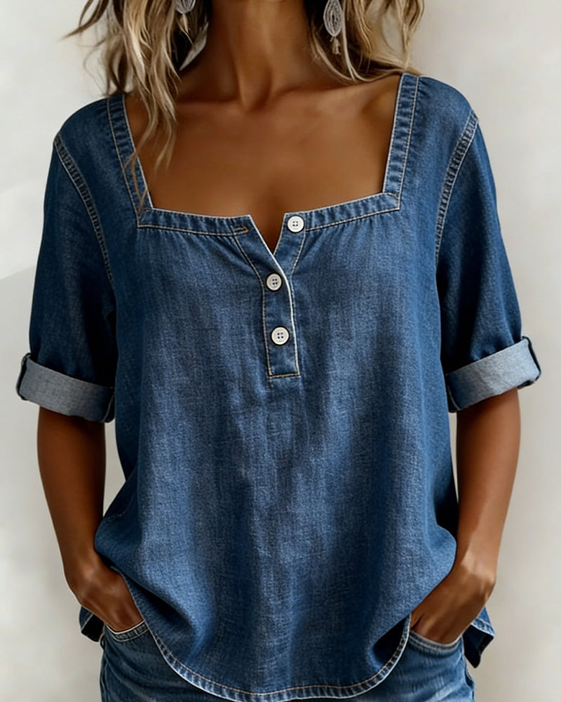 Avélia™ | Square Neck Denim Shirt