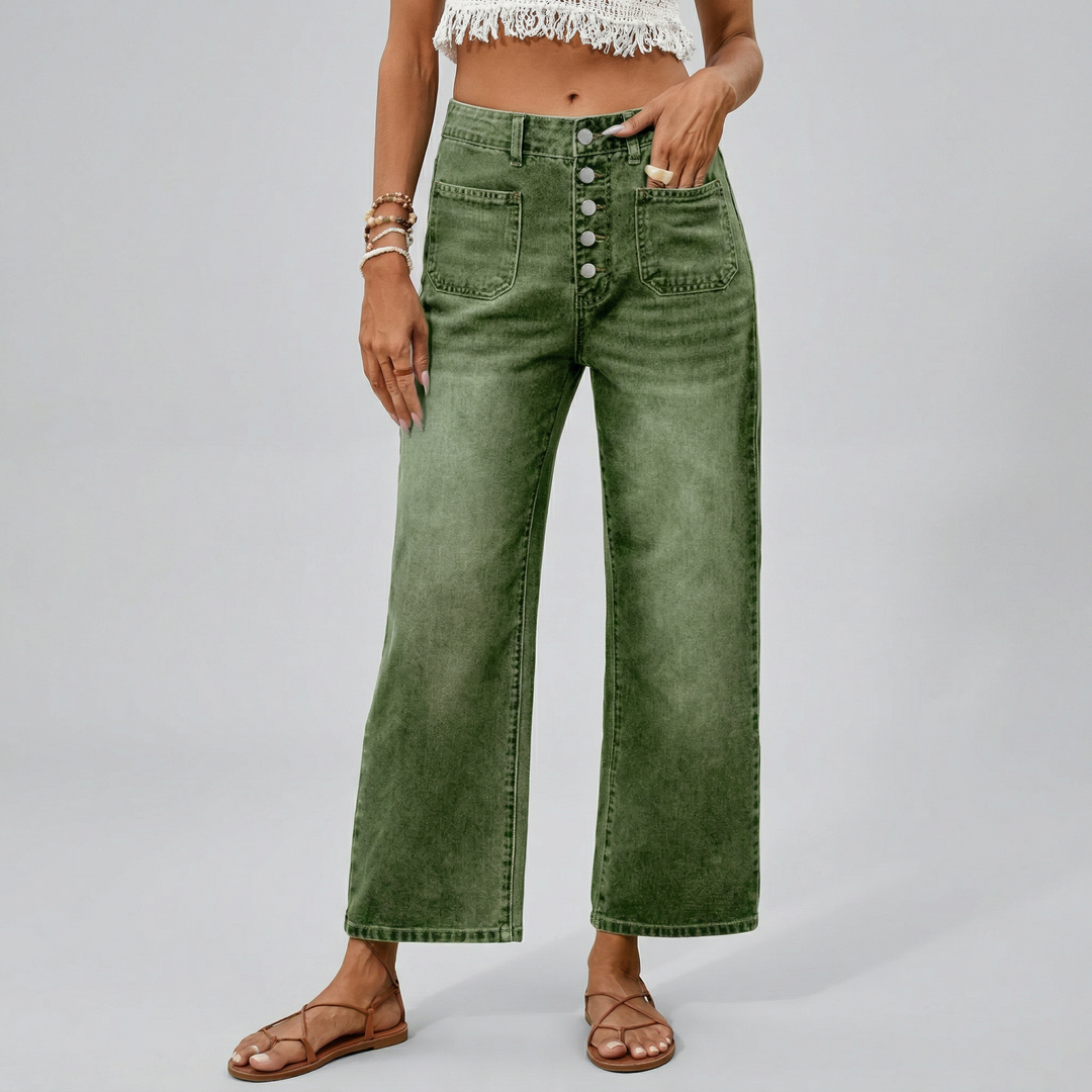 Women's Button Elastic Wide Leg Cropped Jeans | Relaxed Denim