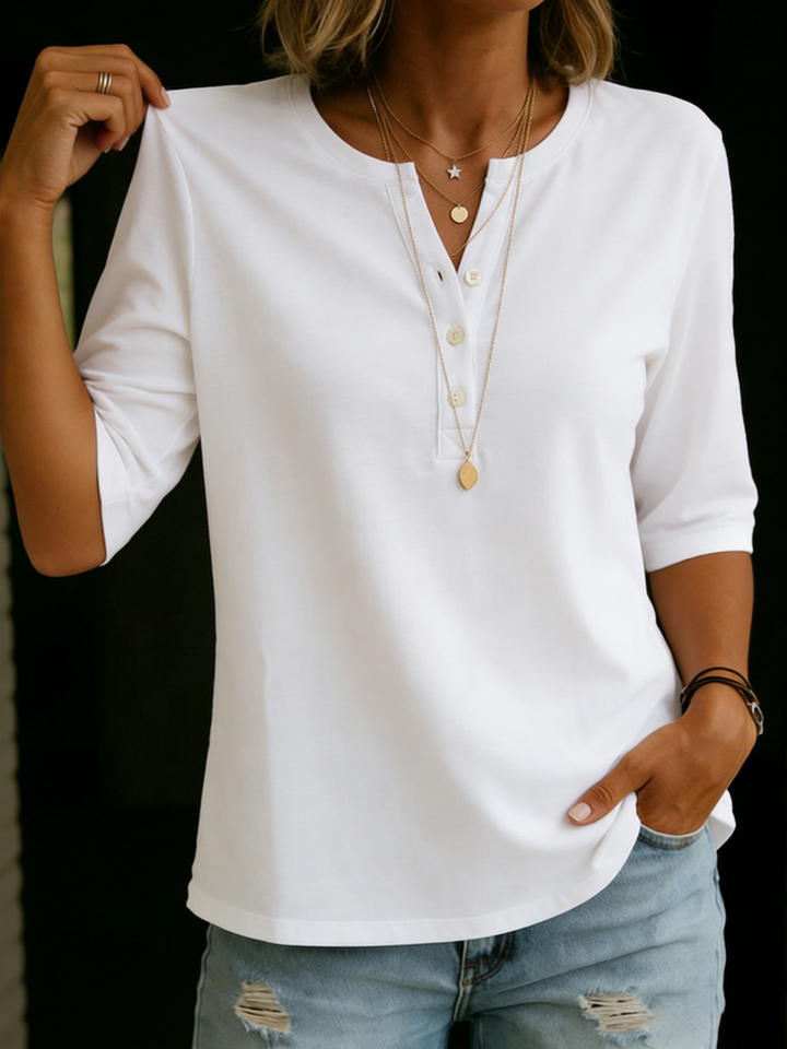 Comfortable Solid Button-Neck Henley Top