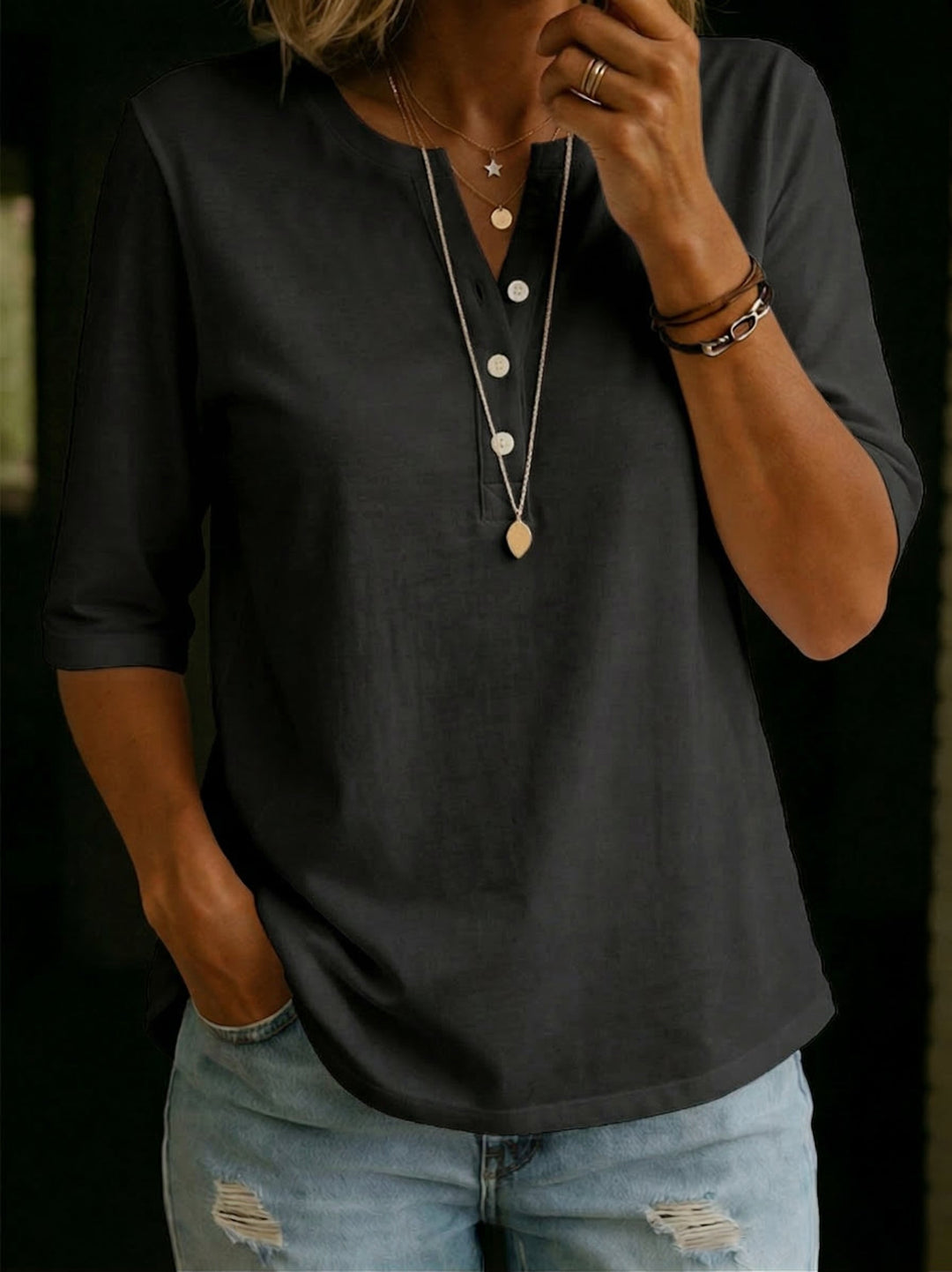 Comfortable Solid Button-Neck Henley Top