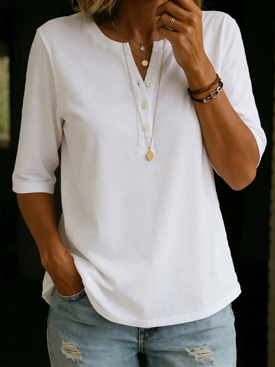 Comfortable Solid Button-Neck Henley Top